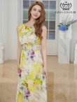 画像14: [送料無料][GINZA COUTURE]パープル・ブルー・イエロー・ピンク・ノースリーブ・シワ加工サテン・フラワー柄・花柄・プリント・ウエストリブ・Aライン・ロングドレス[即日発送][大きいサイズあり] (14)