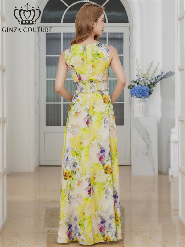 画像15: [送料無料][GINZA COUTURE]パープル・ブルー・イエロー・ピンク・シワ加工サテン・フラワー柄・花柄・プリント・ノースリーブ・ウエストリブ・Aライン・ロングドレス[即日発送][大きいサイズあり] (15)