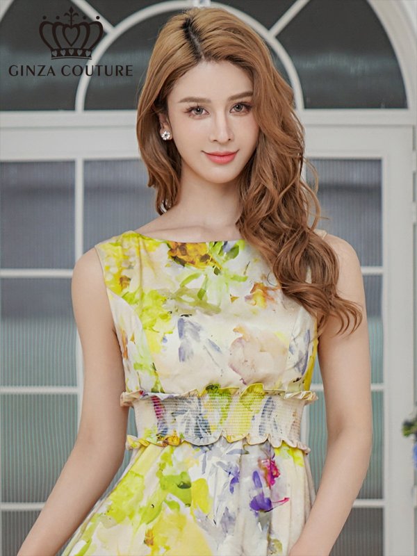 画像16: [送料無料][GINZA COUTURE]パープル・ブルー・イエロー・ピンク・シワ加工サテン・フラワー柄・花柄・プリント・ノースリーブ・ウエストリブ・Aライン・ロングドレス[即日発送][大きいサイズあり] (16)