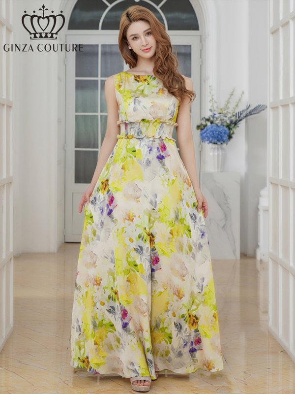 画像18: [送料無料][GINZA COUTURE]パープル・ブルー・イエロー・ピンク・シワ加工サテン・フラワー柄・花柄・プリント・ノースリーブ・ウエストリブ・Aライン・ロングドレス[即日発送][大きいサイズあり] (18)