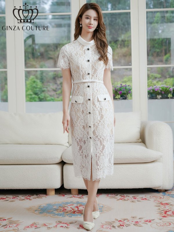 画像1: [送料無料][GINZA COUTURE]ホワイト・総レース・半袖・ロールカラー・ビジューボタン・フェイクポケット・タイト・ミディアムドレス・ワンピース[即日発送][大きいサイズあり] (1)