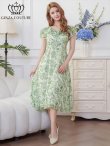 画像1: [送料無料][GINZA COUTURE]グリーン・フリルカラー・フリルスリーブ・リボン・プリント・シフォン・切替・Aライン・ミディアムドレス・ワンピース[即日発送][大きいサイズあり] (1)