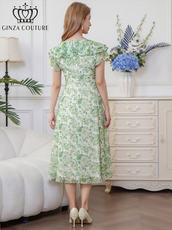 画像3: [送料無料][GINZA COUTURE]グリーン・フリルカラー・フリルスリーブ・リボン・プリント・シフォン・切替・Aライン・ミディアムドレス・ワンピース[即日発送][大きいサイズあり] (3)