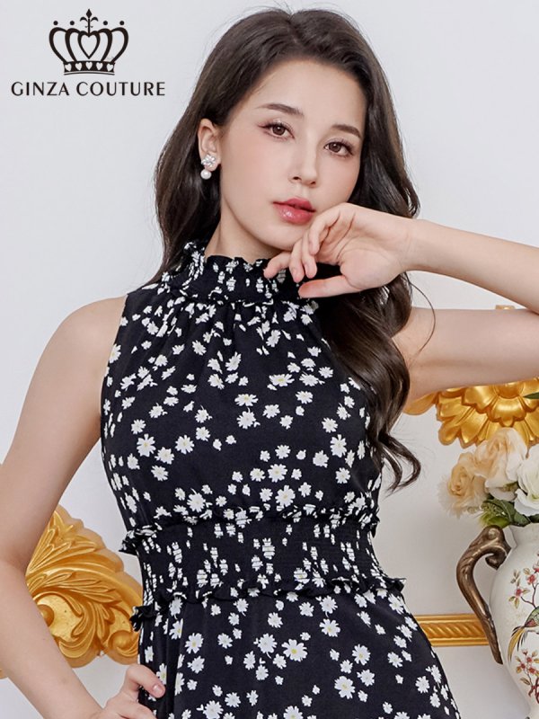 画像4: [送料無料][GINZA COUTURE]ブラック×ホワイト・ホワイト・ロイヤルブルー・レッド・レッド×ホワイト・花柄・プリント・ワンカラー・首元フリル・ウエストマーク・アメリカンスリーブ・ティアード・Aライン・ミニドレス・ワンピース[即日発送][大きいサイズあり] (4)