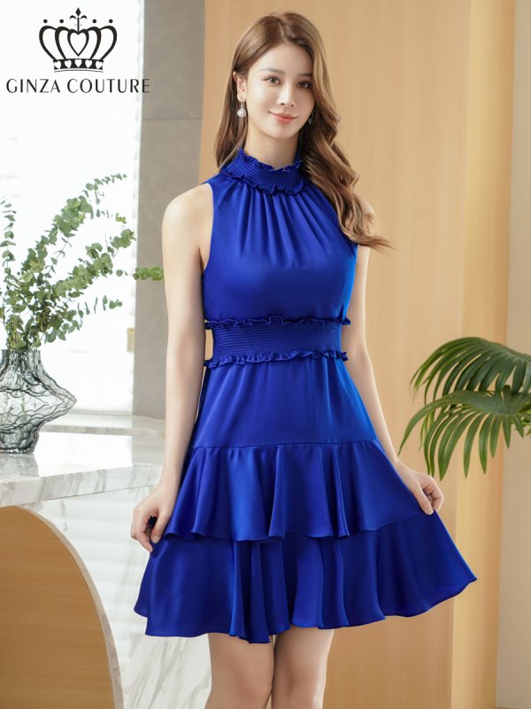 画像1: [送料無料][GINZA COUTURE]ロイヤルブルー・レッド×ホワイト・レッド・ホワイト・ブラック×ホワイト・首元フリル・ウエストマーク・アメリカンスリーブ・ティアード・Aライン・ミニドレス・ワンピース[即日発送][大きいサイズあり] (1)