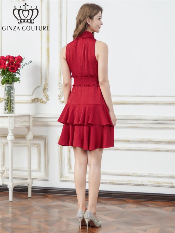 画像3: [送料無料][GINZA COUTURE]レッド・レッド×ホワイト・ホワイト・ブラック×ホワイト・ロイヤルブルー・ドット・花柄・プリント・ワンカラー・首元フリル・ウエストマーク・アメリカンスリーブ・ティアード・Aライン・ミニドレス・ワンピース[即日発送][大きいサイズあり] (3)