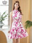 画像6: [送料無料][GINZA COUTURE]ホワイト×ピンク・レッド×ホワイト・ブラック×ホワイト・花柄・プリント・首元フリル・ウエストマーク・アメリカンスリーブ・ティアード・Aライン・ミニドレス・ワンピース[即日発送][大きいサイズあり] (6)