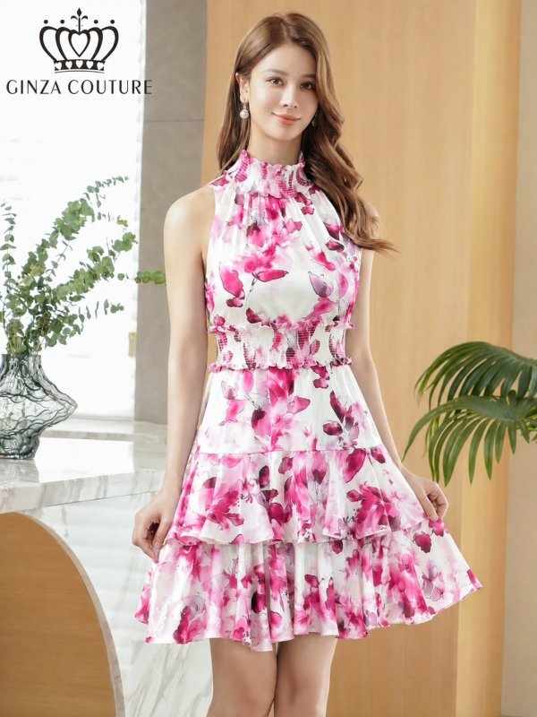画像6: [送料無料][GINZA COUTURE]ホワイト×ピンク・レッド×ホワイト・ブラック×ホワイト・花柄・プリント・首元フリル・ウエストマーク・アメリカンスリーブ・ティアード・Aライン・ミニドレス・ワンピース[即日発送][大きいサイズあり] (6)