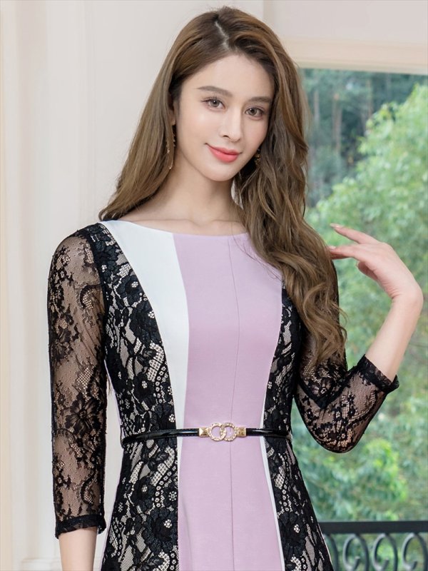 画像4: [送料無料][GINZA COUTURE]パープル×ブラック・トリコロール・レース・七分袖・ベルト付き・アシンメトリー・Aライン・ミディアムドレス・ワンピース[即日発送][大きいサイズあり] (4)