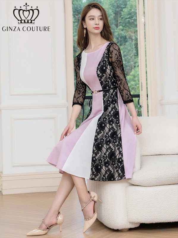 画像6: [送料無料][GINZA COUTURE]パープル×ブラック・トリコロール・レース・七分袖・ベルト付き・アシンメトリー・Aライン・ミディアムドレス・ワンピース[即日発送][大きいサイズあり] (6)