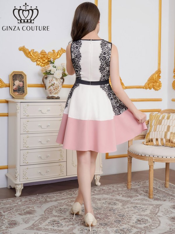 画像3: [送料無料][GINZA COUTURE]ホワイト×ピンク・ホワイト×ブラック・ノースリーブ・パイピング・サイドレース・切替・Aライン・フレア・ミニドレス・ワンピース[即日発送][大きいサイズあり] (3)