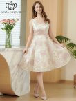 画像7: [送料無料][GINZA COUTURE]アイボリー・ピンク・オーガンジー・ジャガード・花柄・金糸・ノースリーブ・Vネック・Aライン・フレア・ミディアムドレス・ワンピース[即日発送][大きいサイズあり] (7)