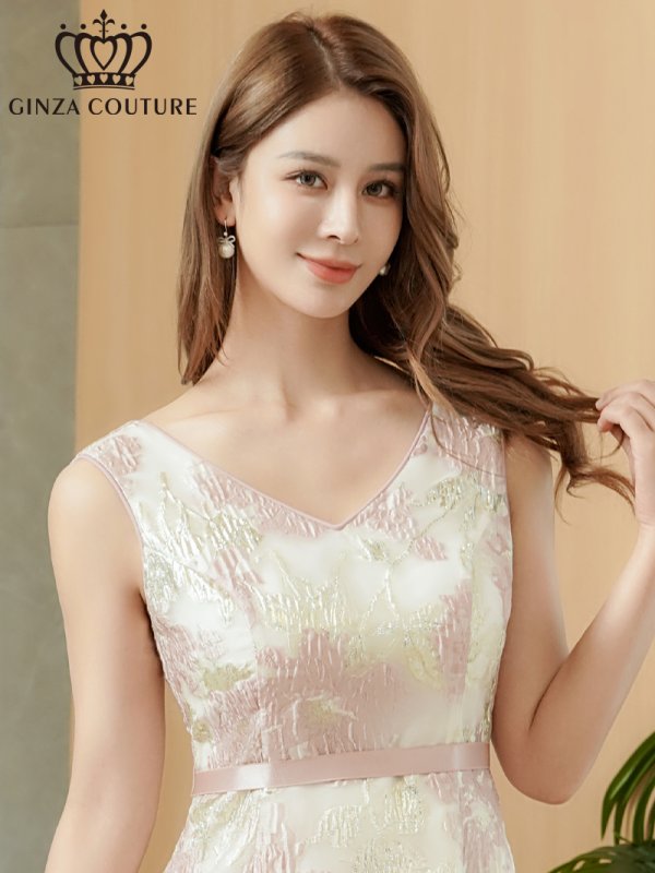 画像10: [送料無料][GINZA COUTURE]アイボリー・ピンク・オーガンジー・ジャガード・花柄・金糸・ノースリーブ・Vネック・Aライン・フレア・ミディアムドレス・ワンピース[即日発送][大きいサイズあり] (10)