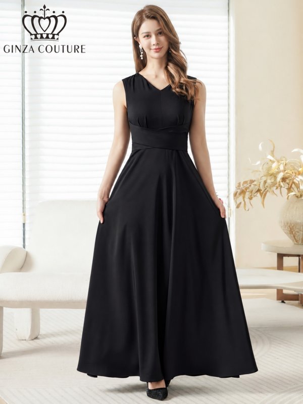 画像1: [送料無料][GINZA COUTURE]ブラック・ブラクラ×ホワイト・ホワイト×ブラック・イエロー・パープル・ロイヤルブルー・ホワイト・ワインレッド・サテン・シンプル・Vネック・ノースリーブ・ウエストマーク・Aライン・ロングドレス[即日発送][大きいサイズあり] (1)