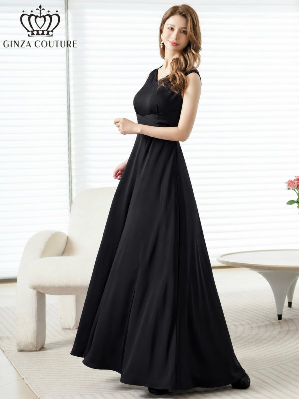 画像2: [送料無料][GINZA COUTURE]ブラック・ブラクラ×ホワイト・ホワイト×ブラック・イエロー・パープル・ロイヤルブルー・ホワイト・ワインレッド・サテン・シンプル・Vネック・ノースリーブ・ウエストマーク・Aライン・ロングドレス[即日発送][大きいサイズあり] (2)