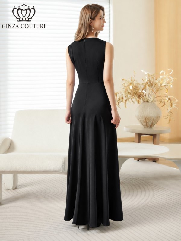 画像3: [送料無料][GINZA COUTURE]ブラック・ブラクラ×ホワイト・ホワイト×ブラック・イエロー・パープル・ロイヤルブルー・ホワイト・ワインレッド・サテン・シンプル・Vネック・ノースリーブ・ウエストマーク・Aライン・ロングドレス[即日発送][大きいサイズあり] (3)