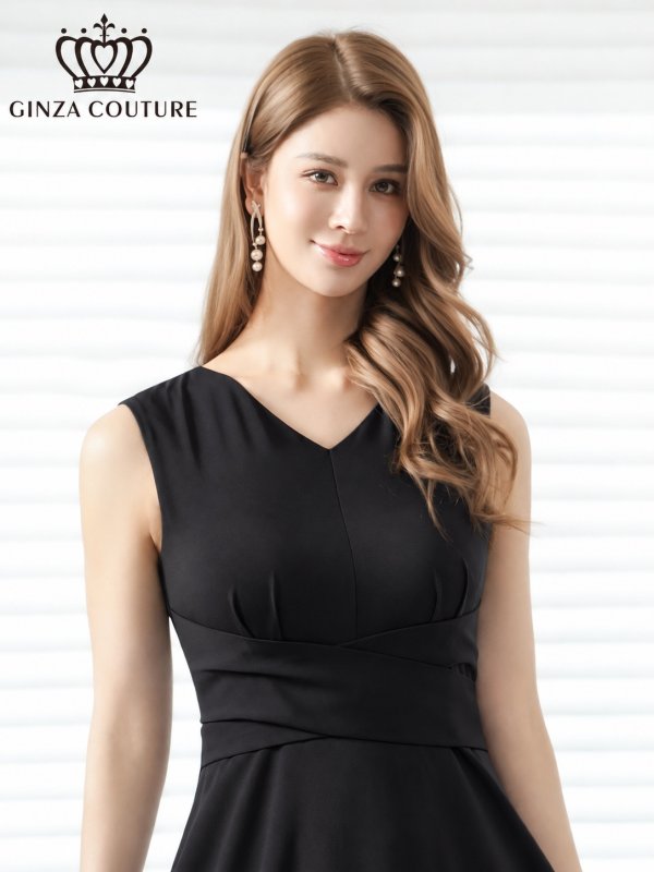 画像4: [送料無料][GINZA COUTURE]ブラック・ブラクラ×ホワイト・ホワイト×ブラック・イエロー・パープル・ロイヤルブルー・ホワイト・ワインレッド・サテン・シンプル・Vネック・ノースリーブ・ウエストマーク・Aライン・ロングドレス[即日発送][大きいサイズあり] (4)