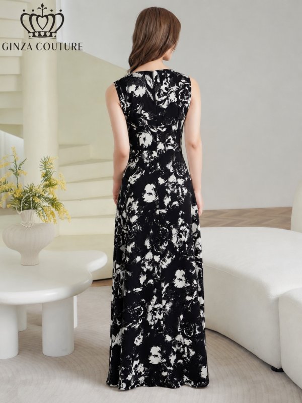 画像3: [送料無料][GINZA COUTURE]ブラック×ホワイト・ホワイト×ブラック・イエロー・パープル・ロイヤルブルー・ホワイト・ワインレッドサテン・シンプル・Vネック・ノースリーブ・ウエストマーク・Aライン・ロングドレス[即日発送][大きいサイズあり] (3)