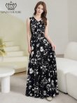 画像1: [送料無料][GINZA COUTURE]ブラック×ホワイト・ホワイト×ブラック・イエロー・パープル・ロイヤルブルー・ホワイト・ワインレッドサテン・シンプル・Vネック・ノースリーブ・ウエストマーク・Aライン・ロングドレス[即日発送][大きいサイズあり] (1)