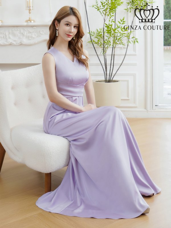 画像1: [送料無料][GINZA COUTURE]]パープル・イエロー・ロイヤルブルー・ホワイト・ワインレッド・サテン・シンプル・Vネック・ノースリーブ・ウエストマーク・Aライン・ロングドレス[即日発送][大きいサイズあり] (1)