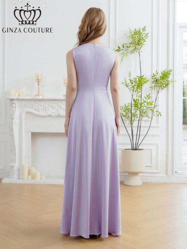 画像3: [送料無料][GINZA COUTURE]]パープル・イエロー・ロイヤルブルー・ホワイト・ワインレッド・サテン・シンプル・Vネック・ノースリーブ・ウエストマーク・Aライン・ロングドレス[即日発送][大きいサイズあり] (3)