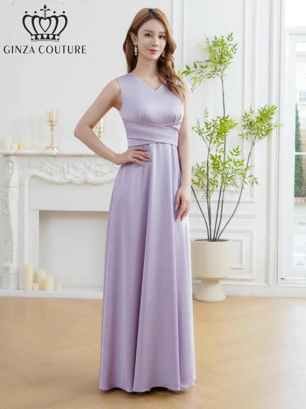 画像5: [送料無料][GINZA COUTURE]]パープル・イエロー・ロイヤルブルー・ホワイト・ワインレッド・サテン・シンプル・Vネック・ノースリーブ・ウエストマーク・Aライン・ロングドレス[即日発送][大きいサイズあり] (5)