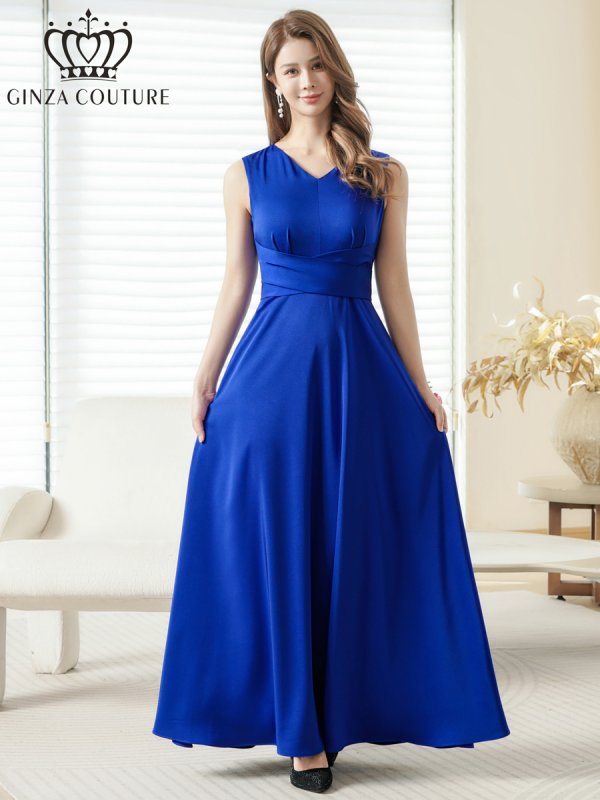 画像1: [送料無料][GINZA COUTURE]ロイヤルブルー・ホワイト・ワインレッド・サテン・シンプル・Vネック・ノースリーブ・ウエストマーク・Aライン・ロングドレス[即日発送][大きいサイズあり] (1)