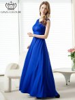 画像2: [送料無料][GINZA COUTURE]ロイヤルブルー・ホワイト・ワインレッド・サテン・シンプル・Vネック・ノースリーブ・ウエストマーク・Aライン・ロングドレス[即日発送][大きいサイズあり] (2)