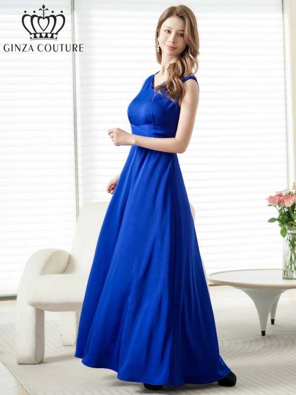 画像2: [送料無料][GINZA COUTURE]ロイヤルブルー・ホワイト・ワインレッド・サテン・シンプル・Vネック・ノースリーブ・ウエストマーク・Aライン・ロングドレス[即日発送][大きいサイズあり] (2)