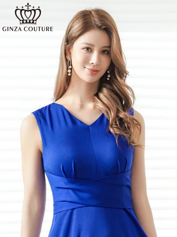 画像4: [送料無料][GINZA COUTURE]ロイヤルブルー・ホワイト・ワインレッド・サテン・シンプル・Vネック・ノースリーブ・ウエストマーク・Aライン・ロングドレス[即日発送][大きいサイズあり] (4)