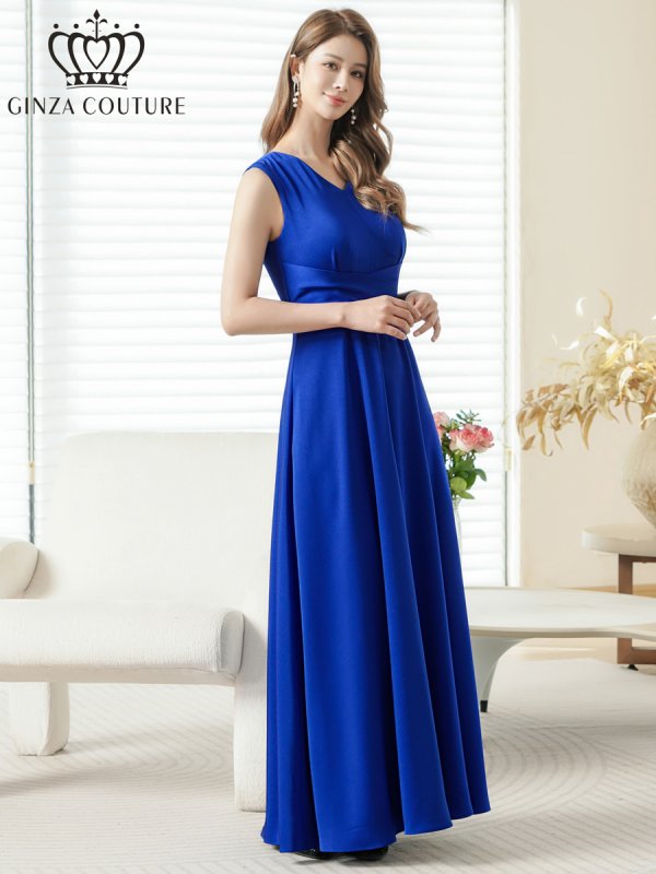 画像5: [送料無料][GINZA COUTURE]ロイヤルブルー・ホワイト・ワインレッド・サテン・シンプル・Vネック・ノースリーブ・ウエストマーク・Aライン・ロングドレス[即日発送][大きいサイズあり] (5)