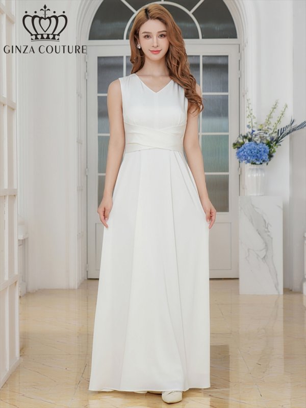 画像1: [送料無料][GINZA COUTURE]ホワイト・ロイヤルブルー・ワインレッド・サテン・シンプル・Vネック・ノースリーブ・ウエストマーク・Aライン・ロングドレス[即日発送][大きいサイズあり] (1)