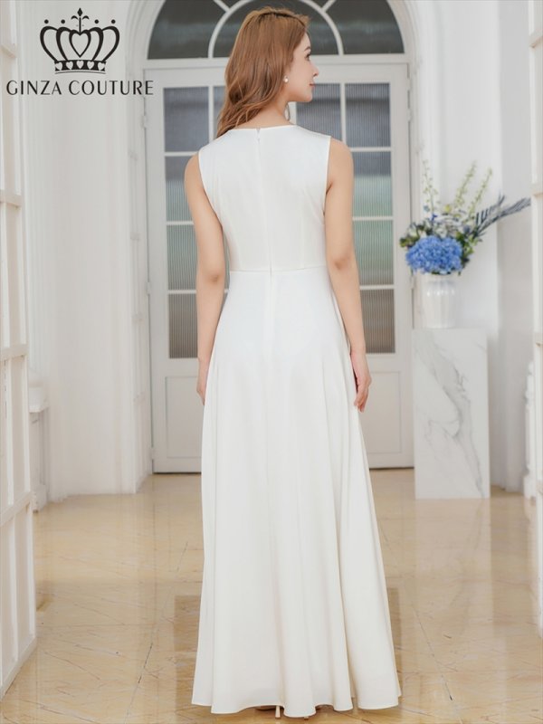 画像3: [送料無料][GINZA COUTURE]ホワイト・ロイヤルブルー・ワインレッド・サテン・シンプル・Vネック・ノースリーブ・ウエストマーク・Aライン・ロングドレス[即日発送][大きいサイズあり] (3)