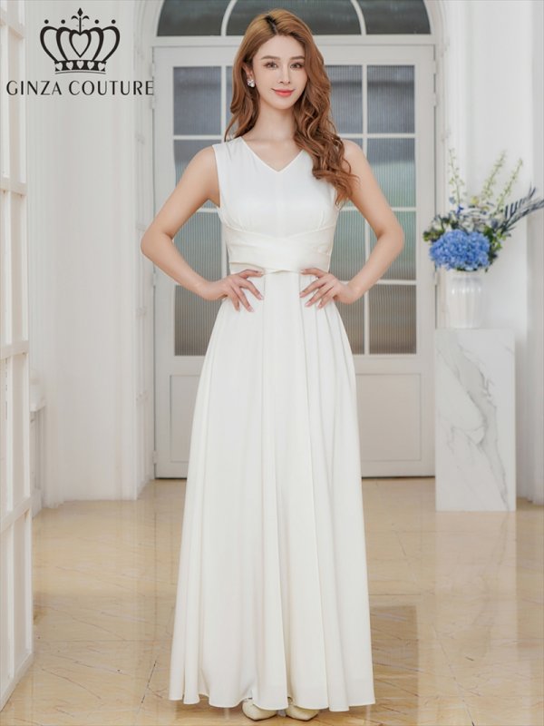 画像5: [送料無料][GINZA COUTURE]ホワイト・ロイヤルブルー・ワインレッド・サテン・シンプル・Vネック・ノースリーブ・ウエストマーク・Aライン・ロングドレス[即日発送][大きいサイズあり] (5)