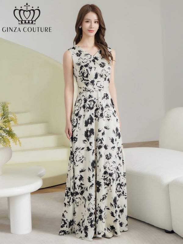 画像2: [送料無料][GINZA COUTURE]ホワイト×ブラック・ブラック×ホワイト・イエロー・パープル・ロイヤルブルー・ホワイト・ワインレッドサテン・シンプル・Vネック・ノースリーブ・ウエストマーク・Aライン・ロングドレス[即日発送][大きいサイズあり] (2)