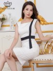 画像1: [送料無料][GINZA COUTURE]ホワイト×ブラック・バイカラー・シンプル・パイピング・切替・肩パット・ノースリーブ・タイト・ミディアムドレス・ワンピース[即日発送][大きいサイズあり] (1)