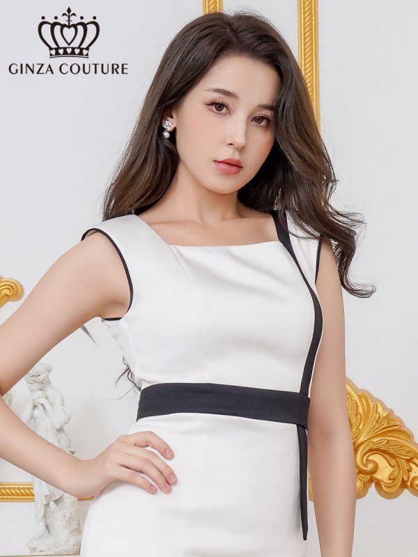 画像4: [送料無料][GINZA COUTURE]ホワイト×ブラック・バイカラー・シンプル・パイピング・切替・肩パット・ノースリーブ・タイト・ミディアムドレス・ワンピース[即日発送][大きいサイズあり] (4)