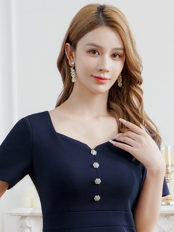 画像9: [送料無料][GINZA COUTURE]ホワイト・ネイビー・ワンカラー・ビジューボタン・スリットネック・半袖・タイト・ミディアムドレス・ワンピース[即日発送][大きいサイズあり] (9)