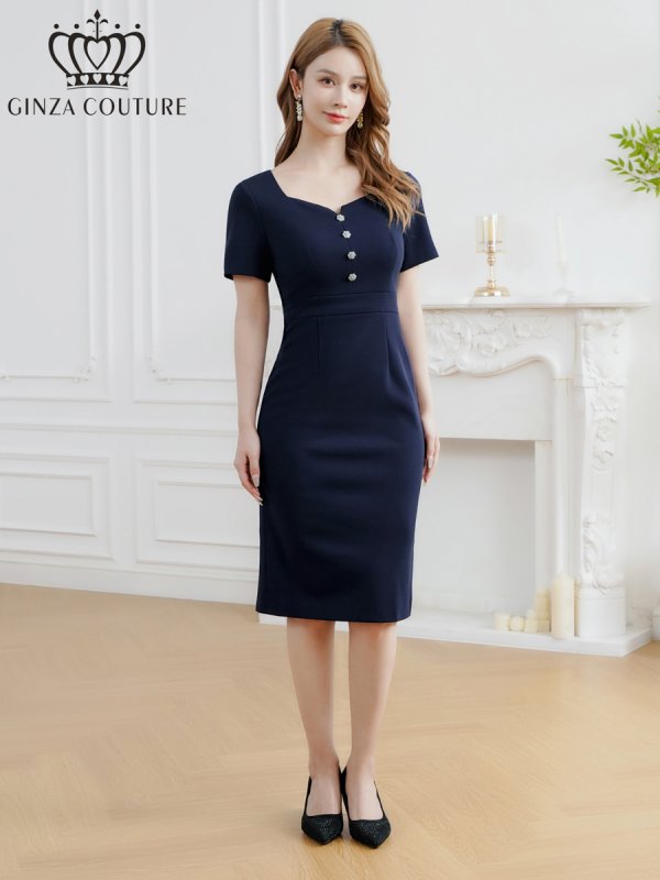 画像10: [送料無料][GINZA COUTURE]ホワイト・ネイビー・ワンカラー・ビジューボタン・スリットネック・半袖・タイト・ミディアムドレス・ワンピース[即日発送][大きいサイズあり] (10)