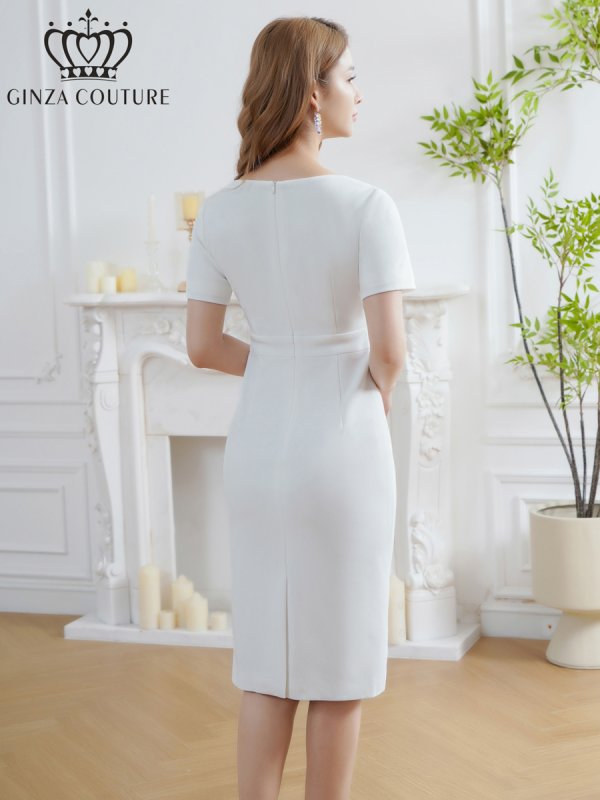 画像3: [送料無料][GINZA COUTURE]ホワイト・ネイビー・ワンカラー・ビジューボタン・スリットネック・半袖・タイト・ミディアムドレス・ワンピース[即日発送][大きいサイズあり] (3)