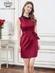 画像2: [送料無料][GINZA COUTURE]ワインレッド・ネイビー・バイカラー・サテン・シンプル・ハイネック・リボンベルト・ノースリーブ・タイト・ミニドレス・ワンピース[即日発送][大きいサイズあり] (2)