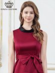 画像4: [送料無料][GINZA COUTURE]ワインレッド・ネイビー・バイカラー・サテン・シンプル・ハイネック・リボンベルト・ノースリーブ・タイト・ミニドレス・ワンピース[即日発送][大きいサイズあり] (4)