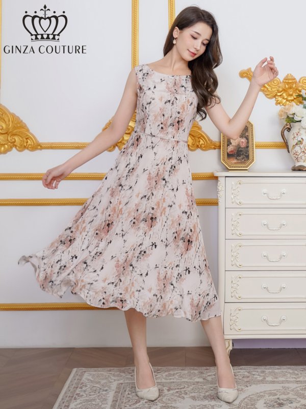 画像1: [送料無料][GINZA COUTURE]オレンジ×ブラック・プリント・シフォン・ノースリーブ・切替・Aライン・ミディアムドレス・ワンピース[即日発送][大きいサイズあり] (1)