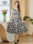 画像1: [送料無料][GINZA COUTURE]ブラック×ホワイト・サテン・花柄・プリント・ハイウエスト・レース切替・Aライン・ミディアムドレス・ワンピース[即日発送][大きいサイズあり] (1)