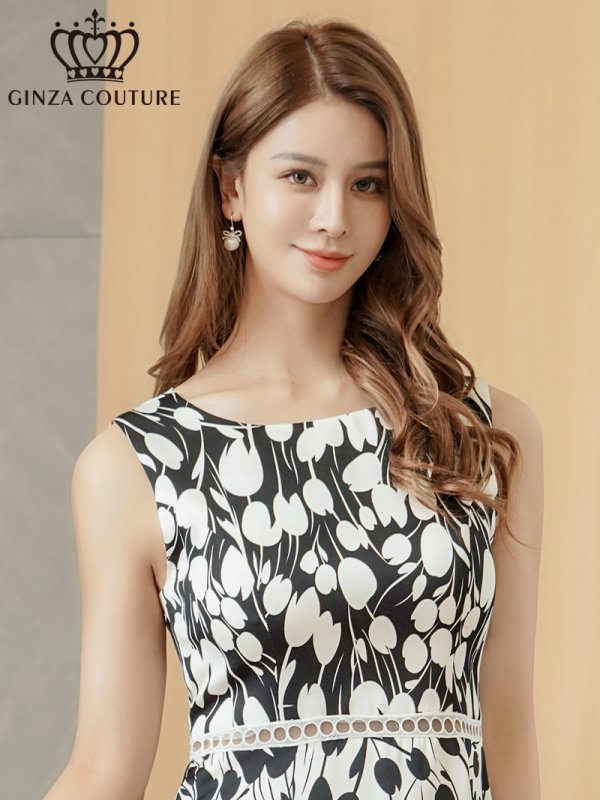 画像4: [送料無料][GINZA COUTURE]ブラック×ホワイト・サテン・花柄・プリント・ハイウエスト・レース切替・Aライン・ミディアムドレス・ワンピース[即日発送][大きいサイズあり] (4)