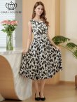 画像5: [送料無料][GINZA COUTURE]ブラック×ホワイト・サテン・花柄・プリント・ハイウエスト・レース切替・Aライン・ミディアムドレス・ワンピース[即日発送][大きいサイズあり] (5)