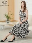 画像6: [送料無料][GINZA COUTURE]ブラック×ホワイト・サテン・花柄・プリント・ハイウエスト・レース切替・Aライン・ミディアムドレス・ワンピース[即日発送][大きいサイズあり] (6)