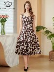 画像1: [送料無料][GINZA COUTURE]ベージュ×ブラウン・花柄・プリント・ノースリーブ・Aライン・ミディアムドレス・ワンピース[即日発送][大きいサイズあり] (1)