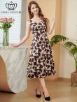 画像2: [送料無料][GINZA COUTURE]ベージュ×ブラウン・花柄・プリント・ノースリーブ・Aライン・ミディアムドレス・ワンピース[即日発送][大きいサイズあり] (2)
