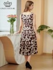 画像3: [送料無料][GINZA COUTURE]ベージュ×ブラウン・花柄・プリント・ノースリーブ・Aライン・ミディアムドレス・ワンピース[即日発送][大きいサイズあり] (3)